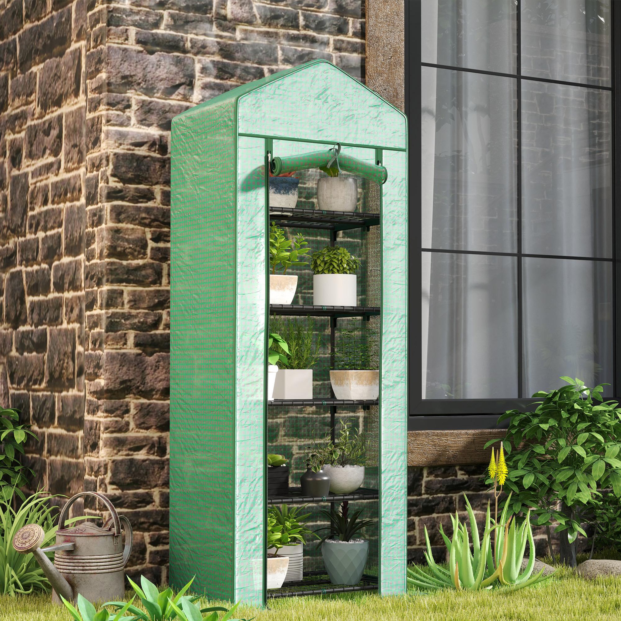 Voir la diapositive 2 : OUTSUNNY Serre de jardin balcon 5 étagères porte zippée 69 x 49 x 193 cm acier thermolaqué bâche pe vert