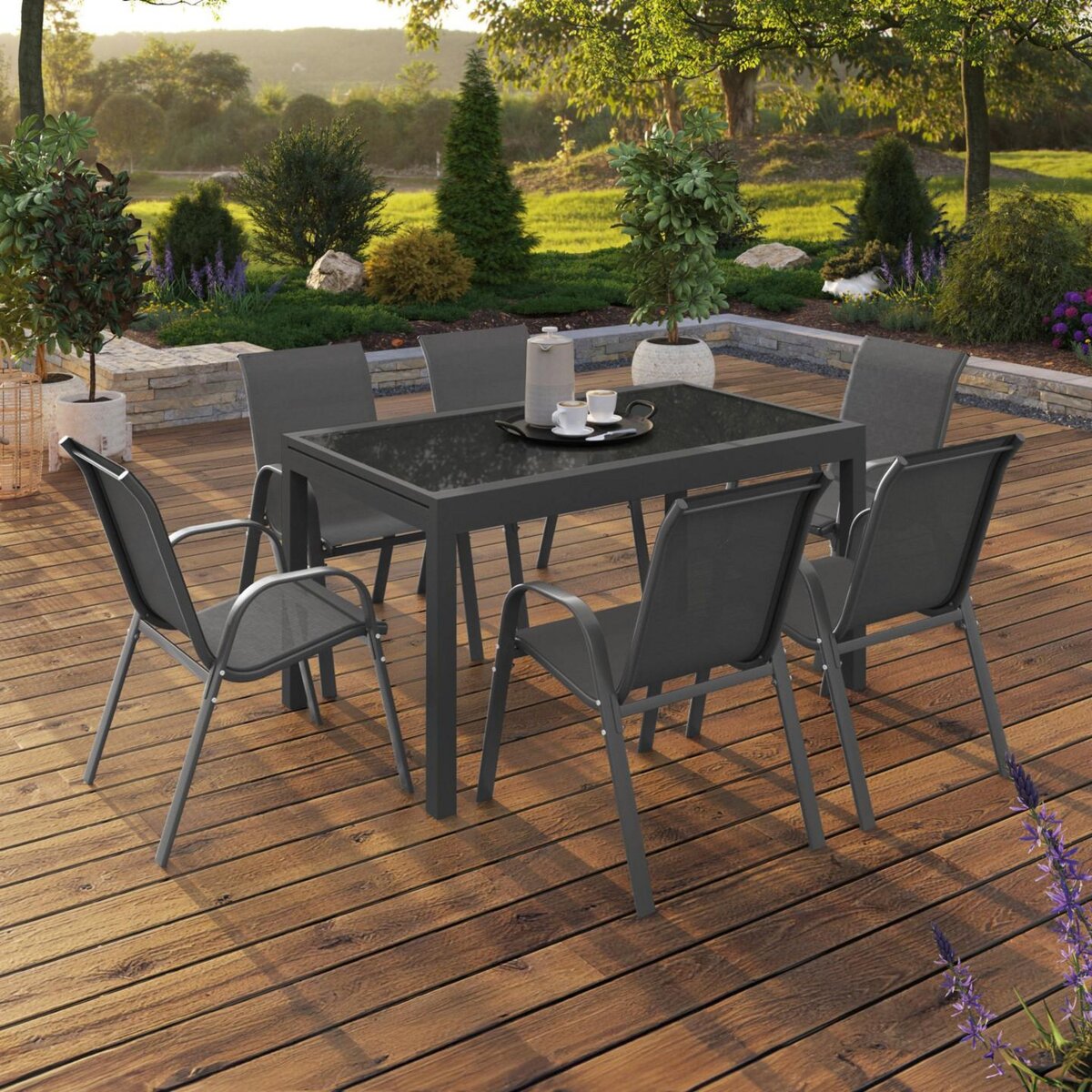 ID MARKET Salon de jardin MADRID table extensible plateau gris 135-270 CM et 12 chaises empilables gris anthracite