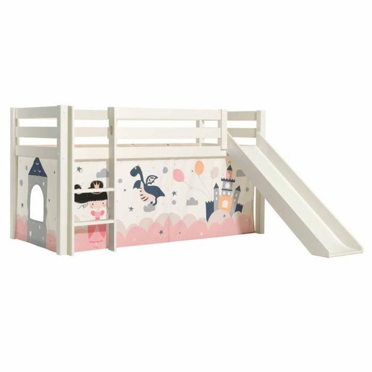 Paris Prix Lit Enfant Surélevé Avec Toboggan  Pino Princesse Sophie  90x200cm Blanc