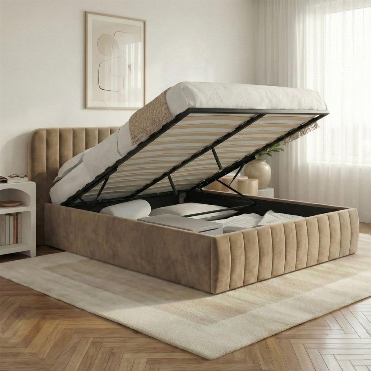 ID MARKET Lit coffre double ALBA avec tête de lit et sommier 140 x 190 cm velours taupe