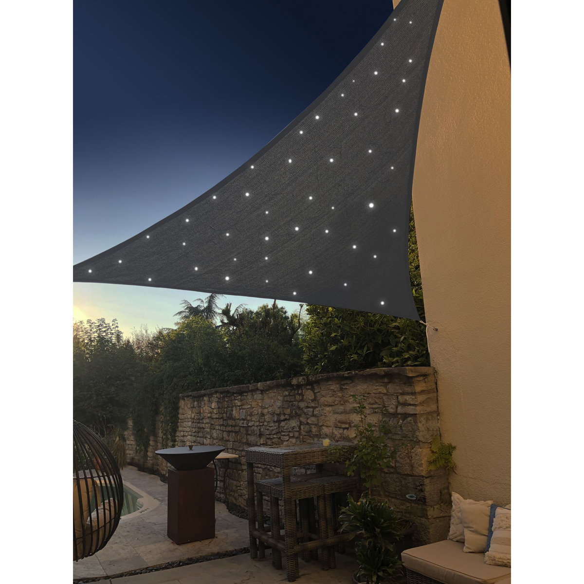 JARDILINE Voile d'ombrage triangulaire avec led ciel étoilé 3m ardoise