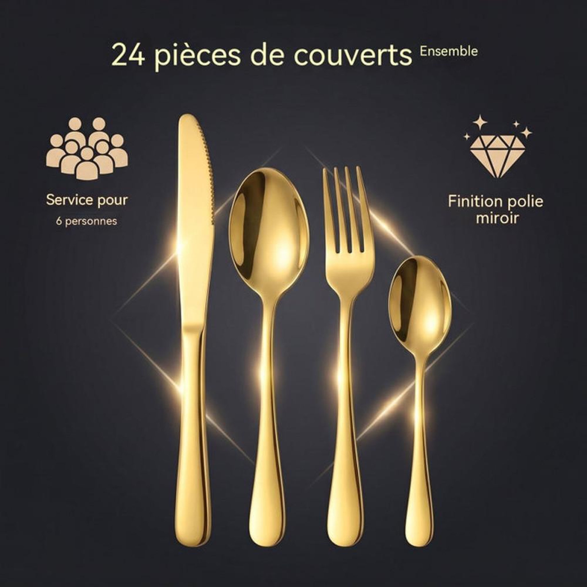 Voir la diapositive 2 : Set de couverts 24 pièces en acier inoxydable 304 finition or brossée, poignées ergonomiques, coffret cadeau pour 6 personnes
