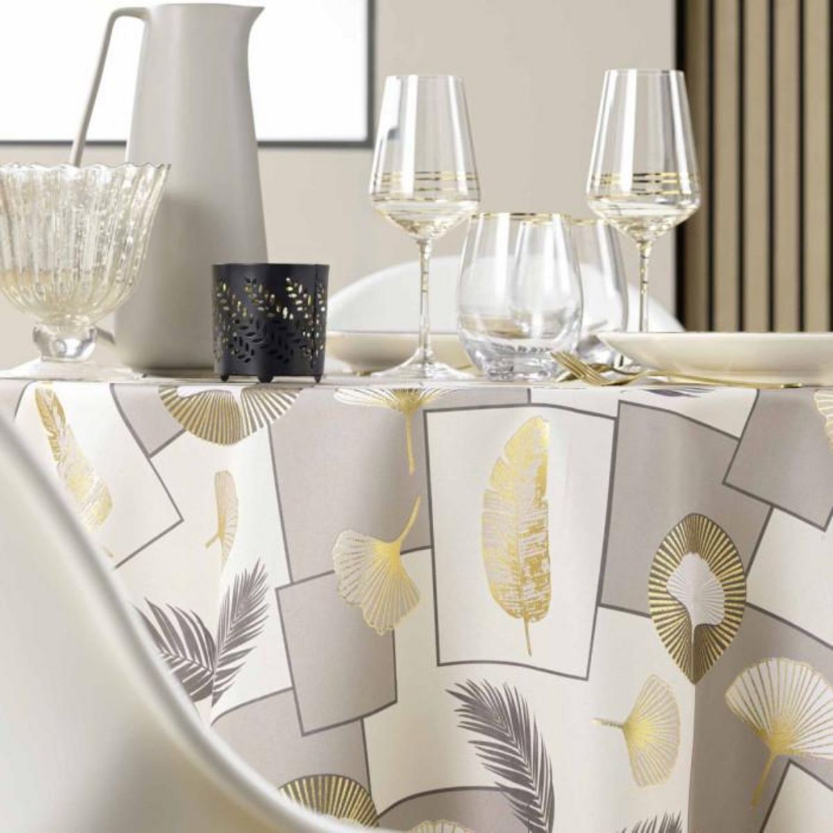 Paris Prix Nappe Ronde Antitache Imprimé  Natane  180cm Naturel