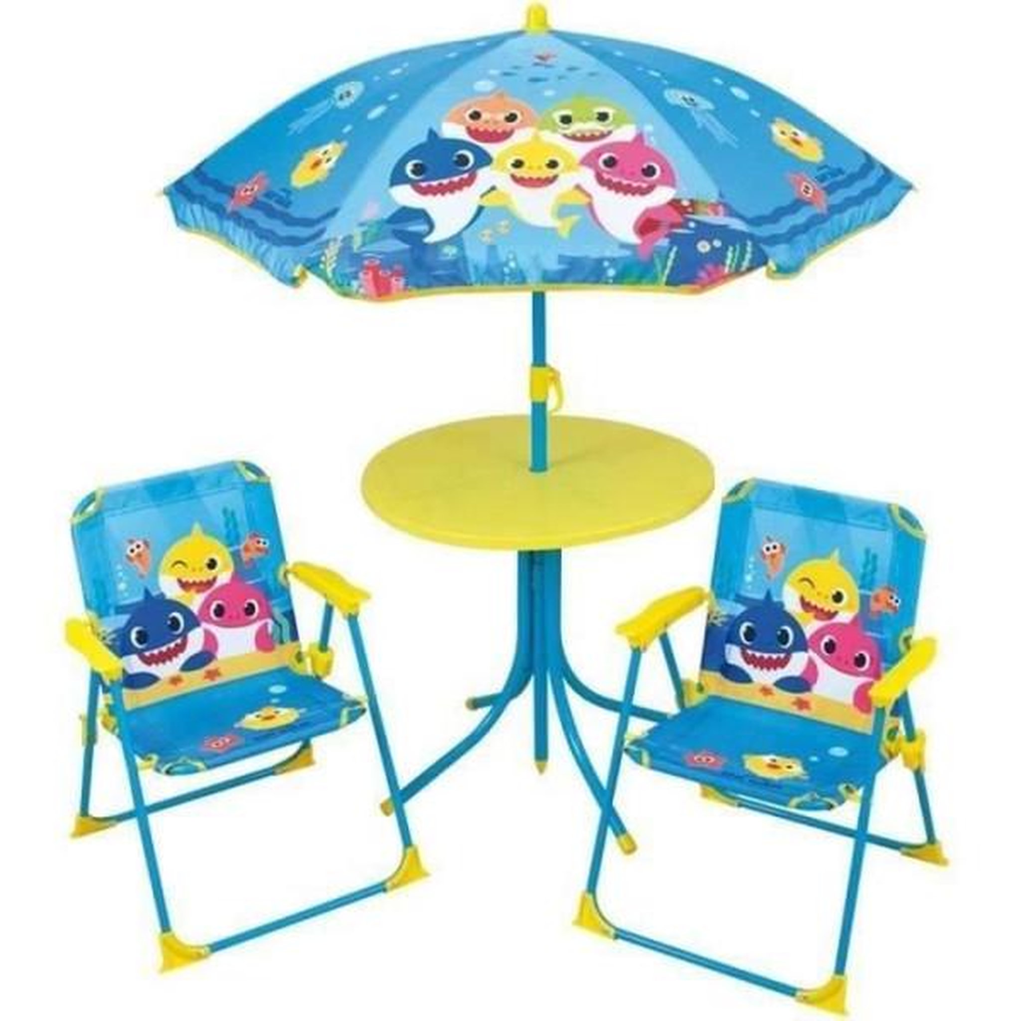 Fun House Fun house baby shark salon de jardin - 1 table h.46xø46 cm, 2 chaises h.53xl.38,5xp.37,5 cm et 1 parasol h.125 x ø100 cm