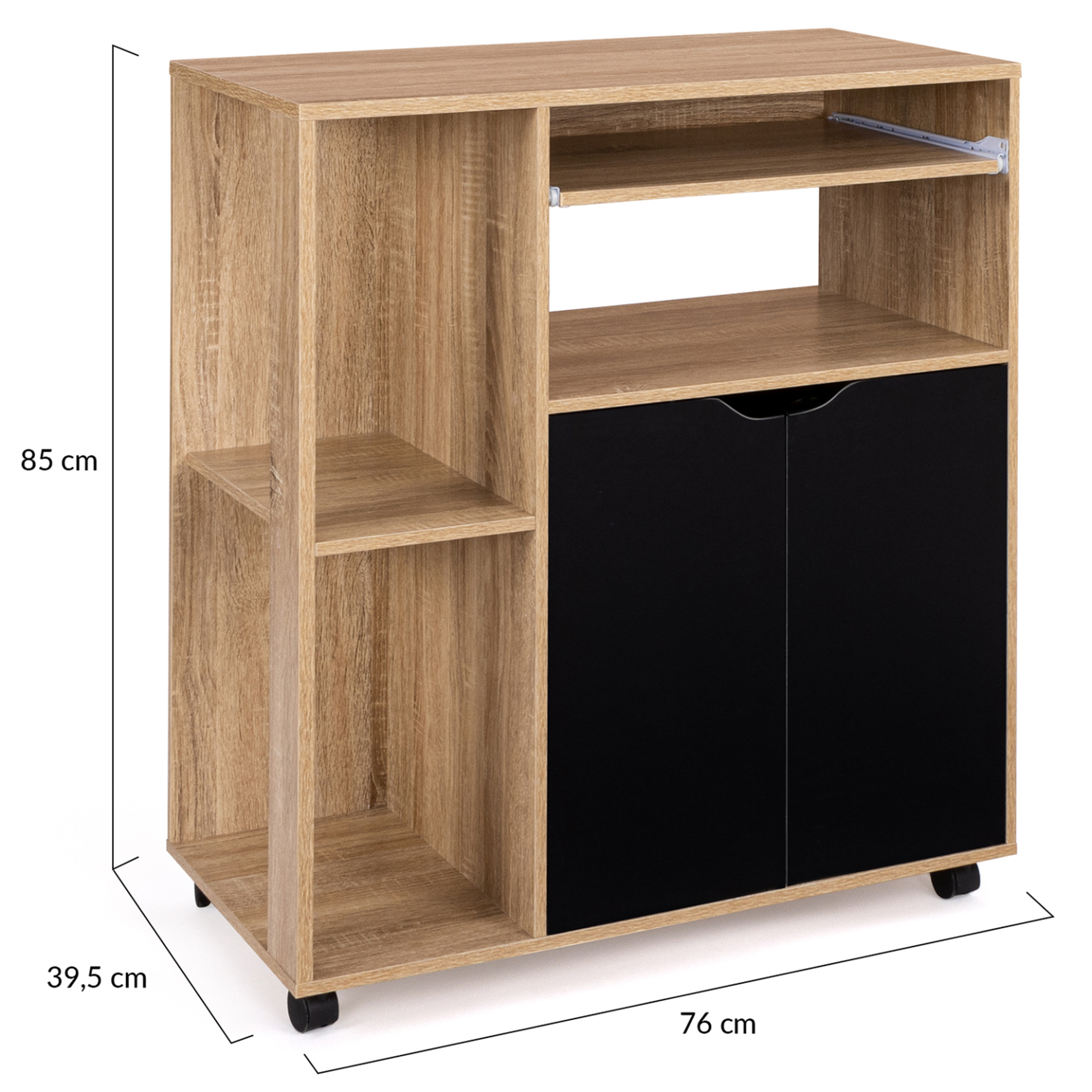 Voir la diapositive 5 : ID MARKET Desserte de cuisine cosi bois façon hêtre et portes noires l.76 cm