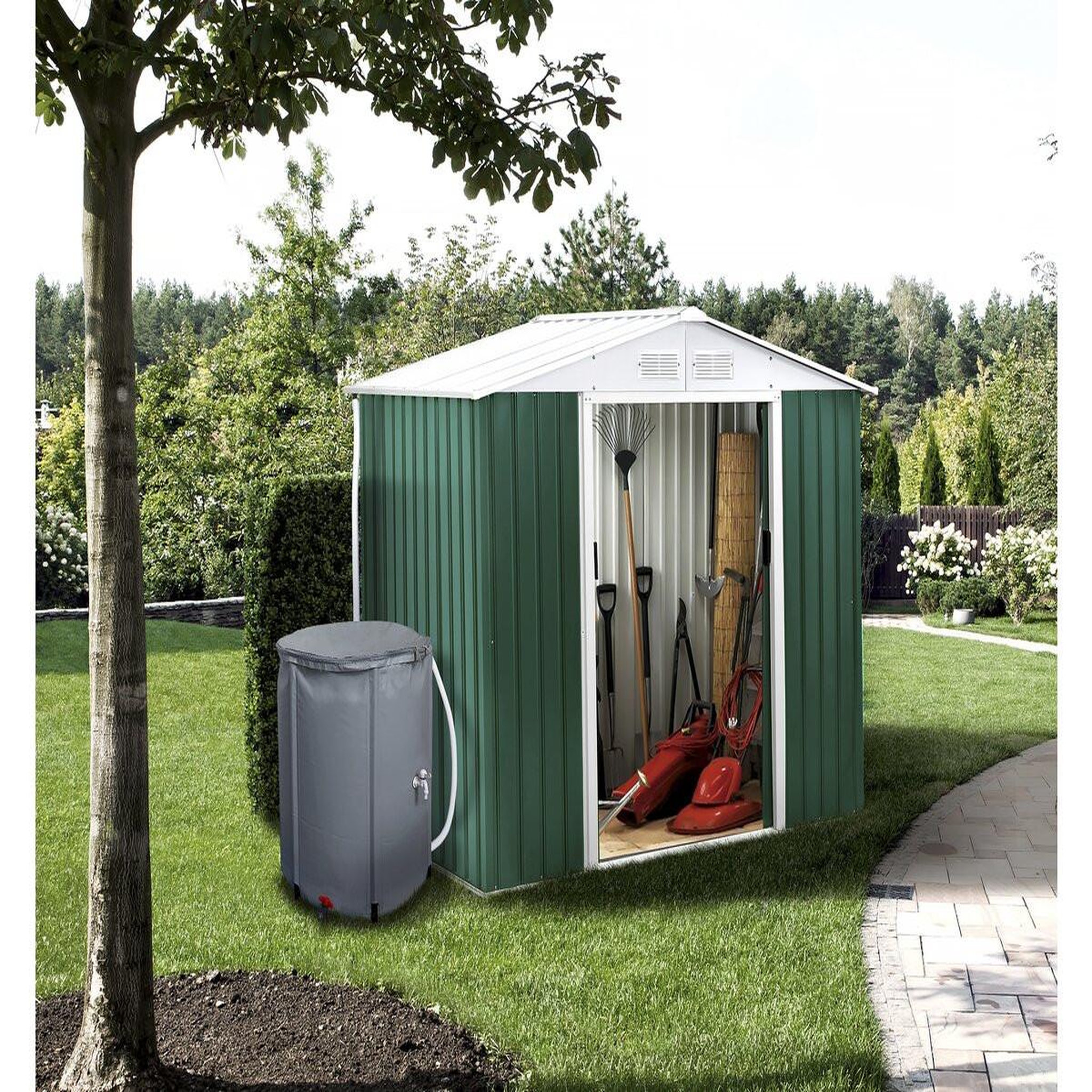 Voir la diapositive 2 : Habitat et Jardin Abri de jardin métal -  rosas   - 4,07 m² avec récupérateur d'eau et gouttière - vert