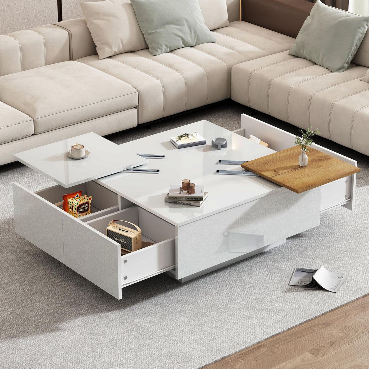 MERAX Table Basse Carrée Avec 4 Tiroirs Et 2 Plateaux Coulissants Blanc