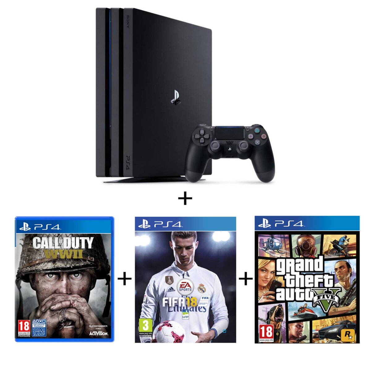 Pack Console Playstation 4 Pro 1To + FIFA 18 + COD WW2 + GTA V