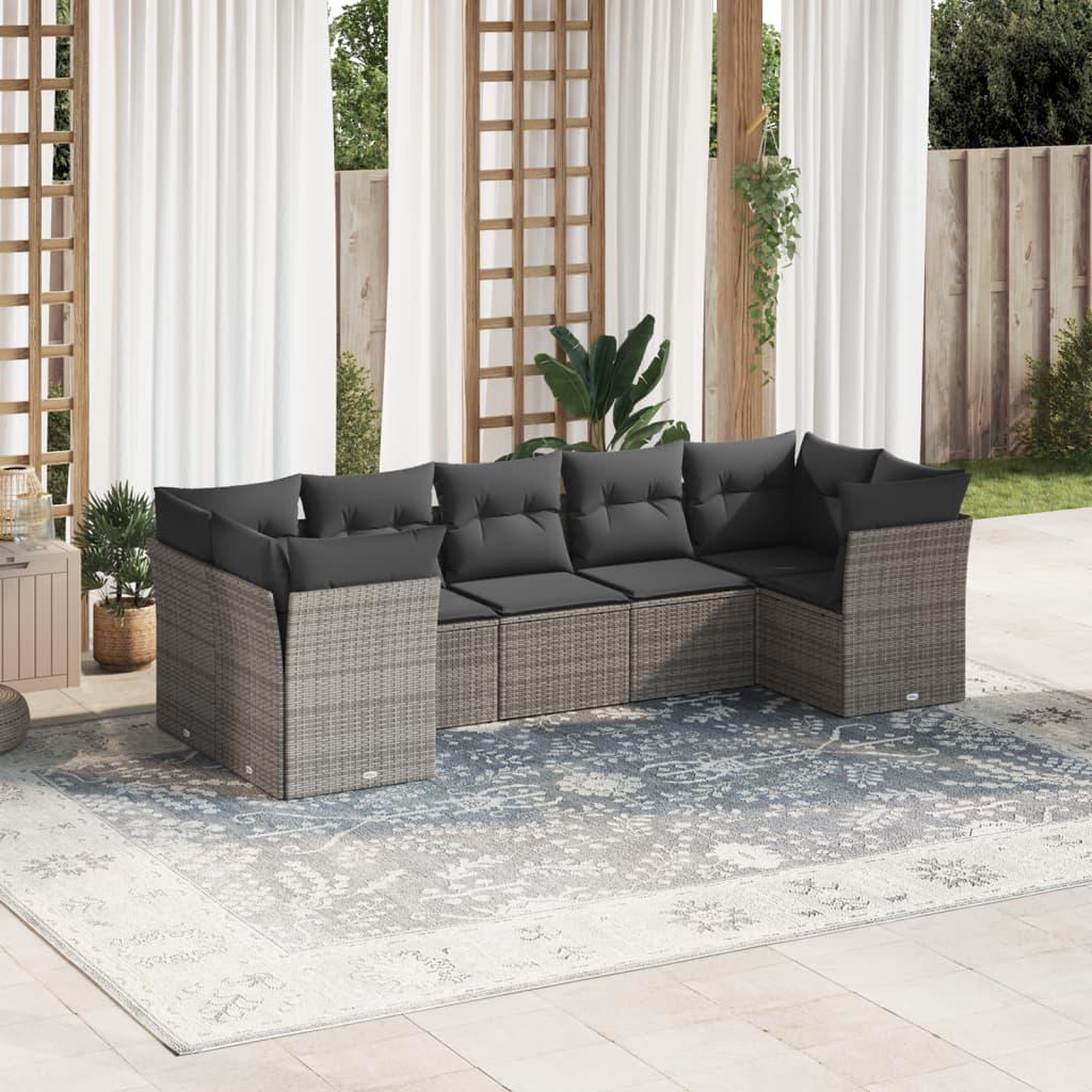VIDAXL Salon de jardin avec coussins 7 pcs gris resine tressee