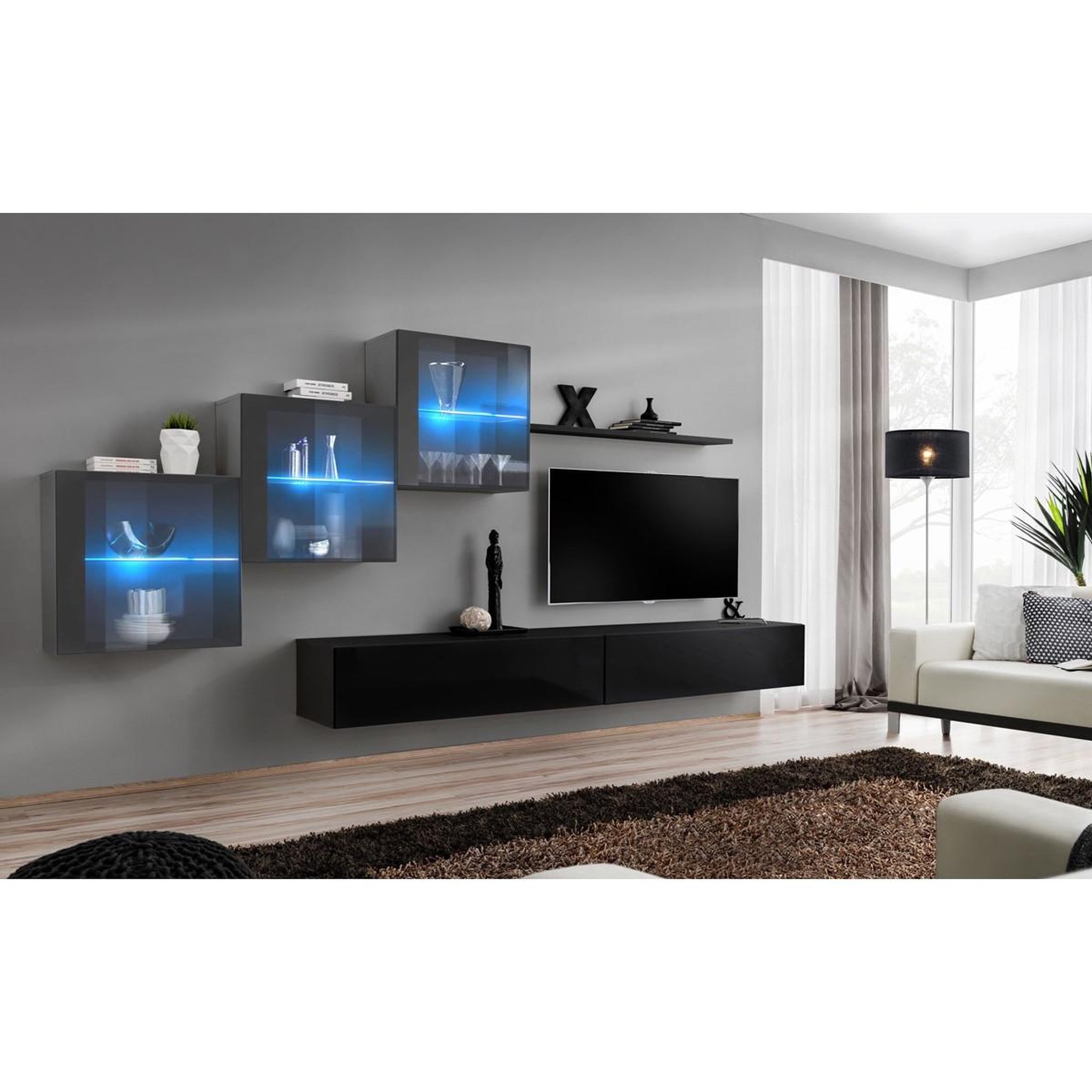 Voir la diapositive 2 : Paris Prix Meuble tv mural design  switch xx  330cm noir & gris