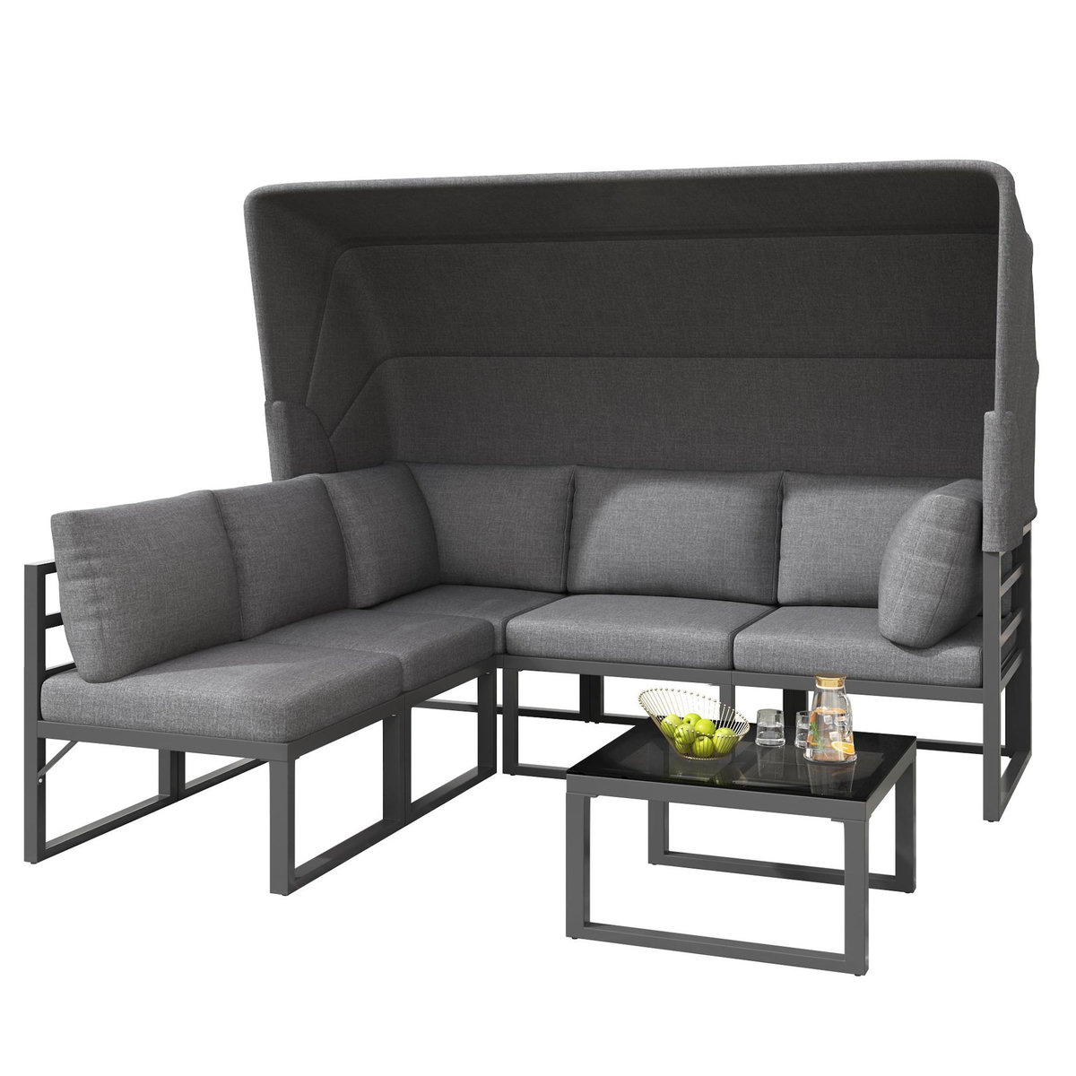 MERAX Salon de jardin 5 places en fer avec table auvent, coussins polyester qualité, gris