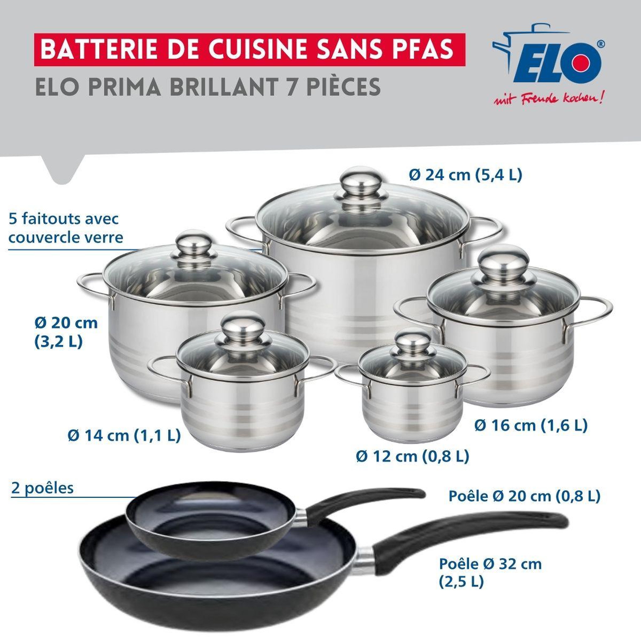 Voir la diapositive 2 : ELO Ensemble de 2 poêles de cuisson 20 et 32 cm et 5 faitouts 12, 14, 16, 20 et 24 cm elo prima brillant