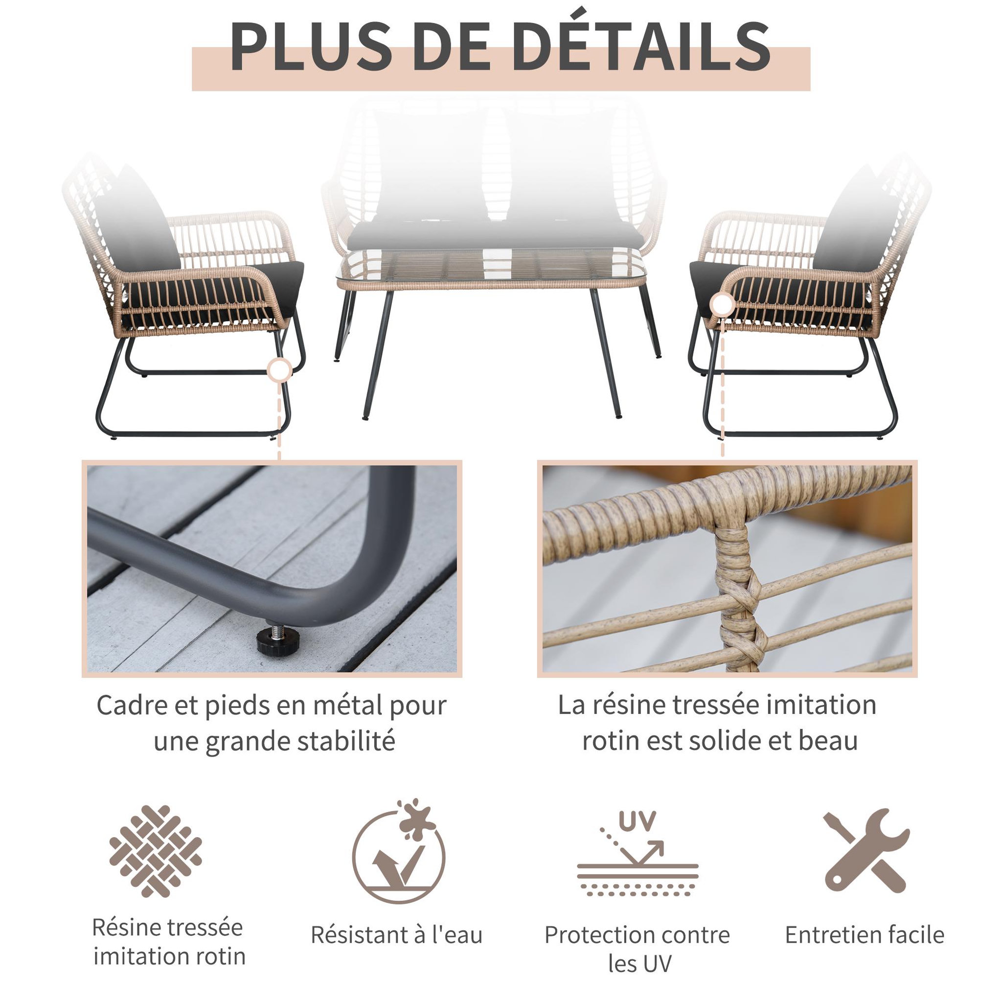 Voir la diapositive 5 : OUTSUNNY Salon de jardin 4 places 4 pièces style exotique métal époxy résine imitation bambou coussins grand confort inclus polyester noir
