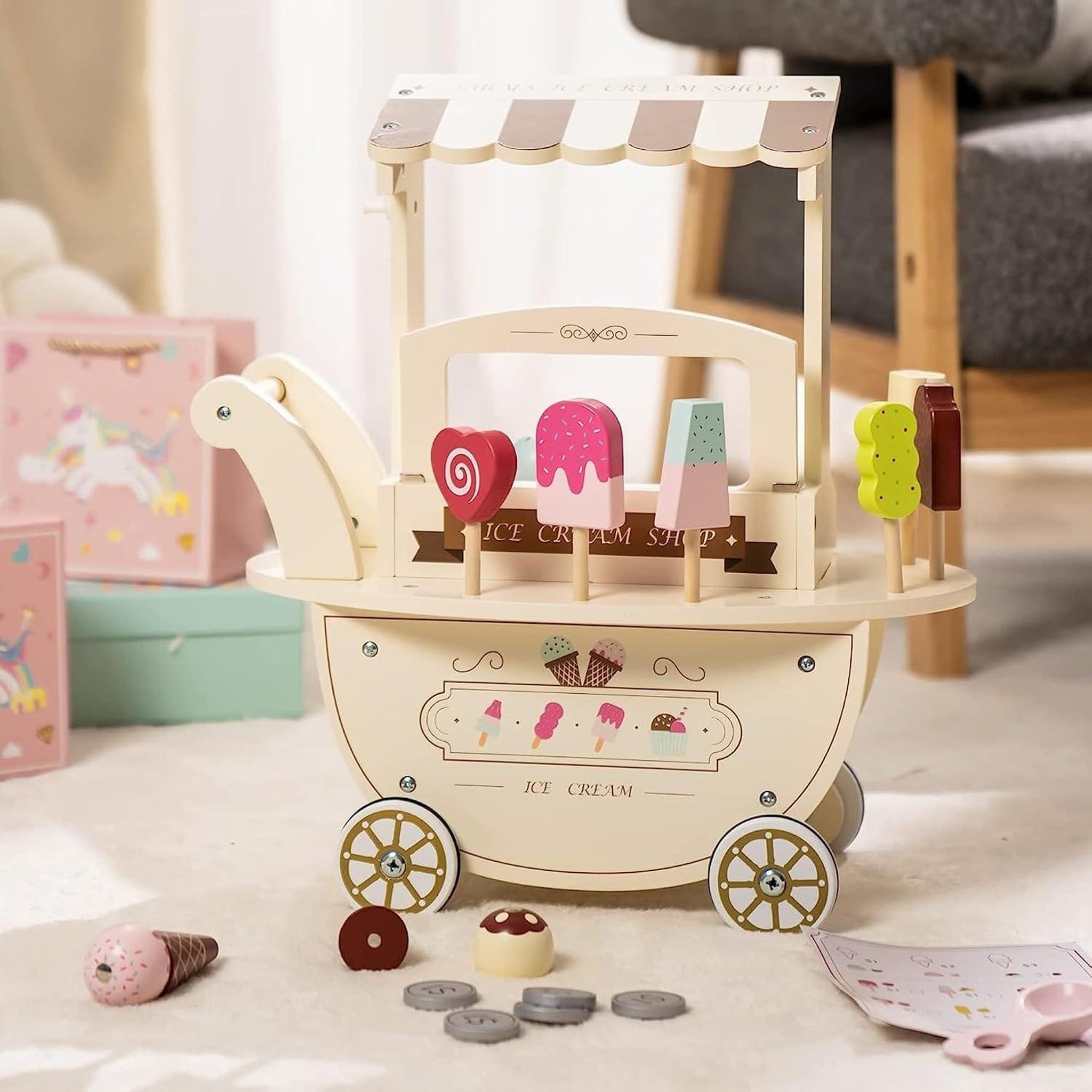 Voir la diapositive 4 : MAMABRUM Marchande Enfant, Marchande Glace en sur Roues avec poignée & Accessoires, Chariot Jouet en bois