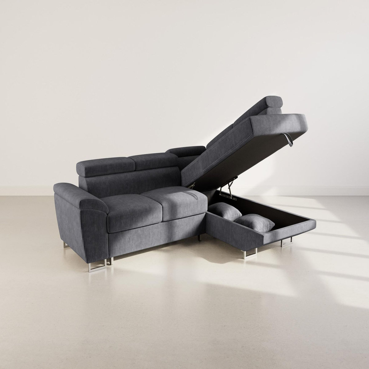 BEST MOBILIER Baoji - canapé d'angle droit 5 places convertible avec têtières et coffre en velours côtelé