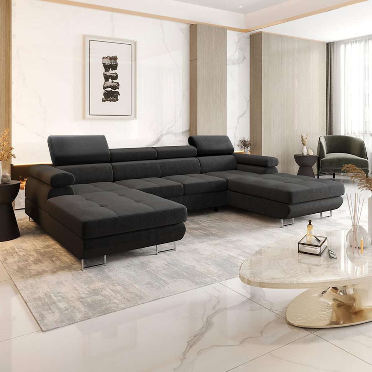 BEST MOBILIER Ayden - canapé panoramique en u 7 places convertible avec coffre et têtières réglables en tissu