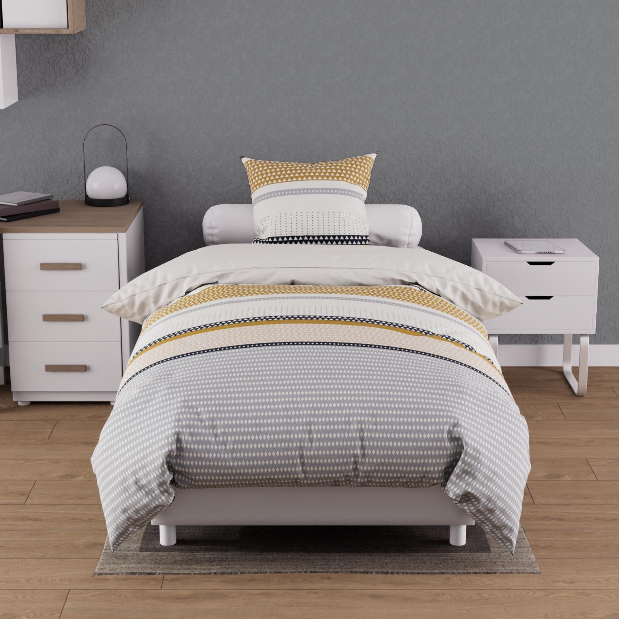 Voir la diapositive 2 : SOLEIL D'OCRE Ensemble couette et parure 5 Pièces THALES pour lit en 90x190 cm, par Soleil d'ocre