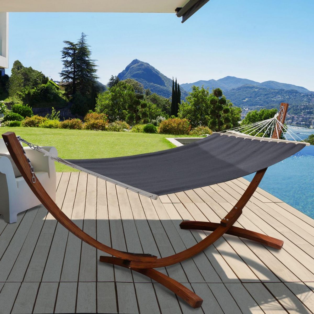 ID MARKET Hamac XL avec support bois et toile gris anthracite