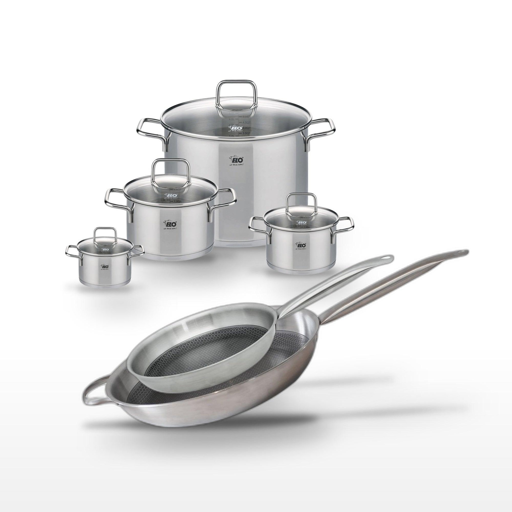ELO Batterie de cuisine avec 2 poêles 28/32 cm et 4 faitouts 14/16/20/26 cm en inox sans pfas elo collection relief solution citrin