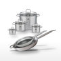 Voir la diapositive 1 : ELO Batterie de cuisine avec 2 poêles 28/32 cm et 4 faitouts 14/16/20/26 cm en inox sans PFAS Elo Collection Relief Solution Citrin