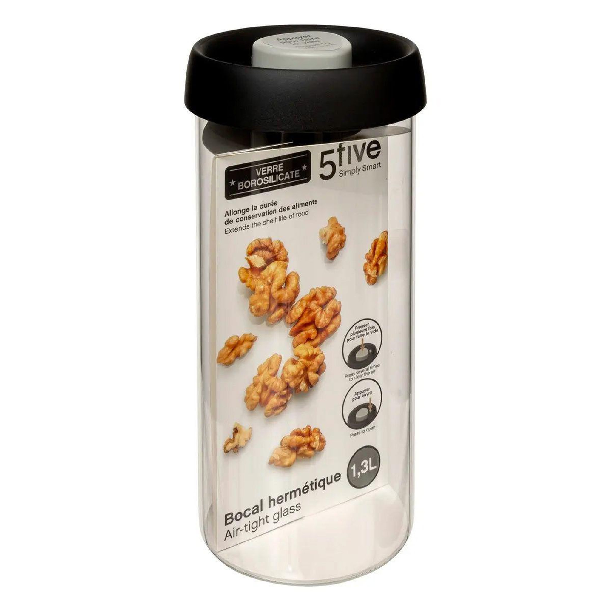 Voir la diapositive 3 : FIVE Bocal en verre  hermet  1,3l transparent & noir