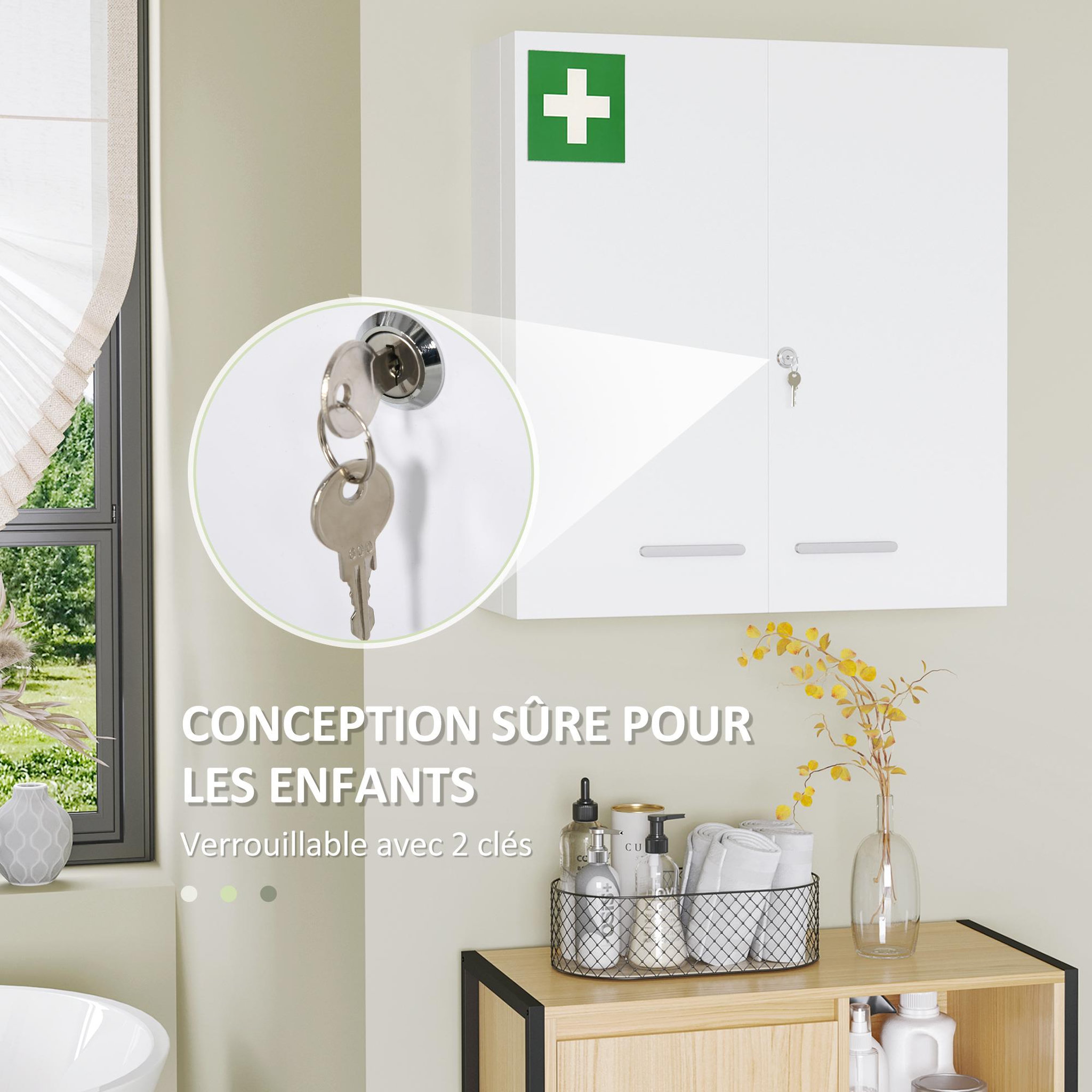 Voir la diapositive 6 : KLEANKIN Armoire à pharmacie murale verrouillable 2 portes 6 étagères 6 compartiments dim. 55 x 18 x 60 cm acier blanc