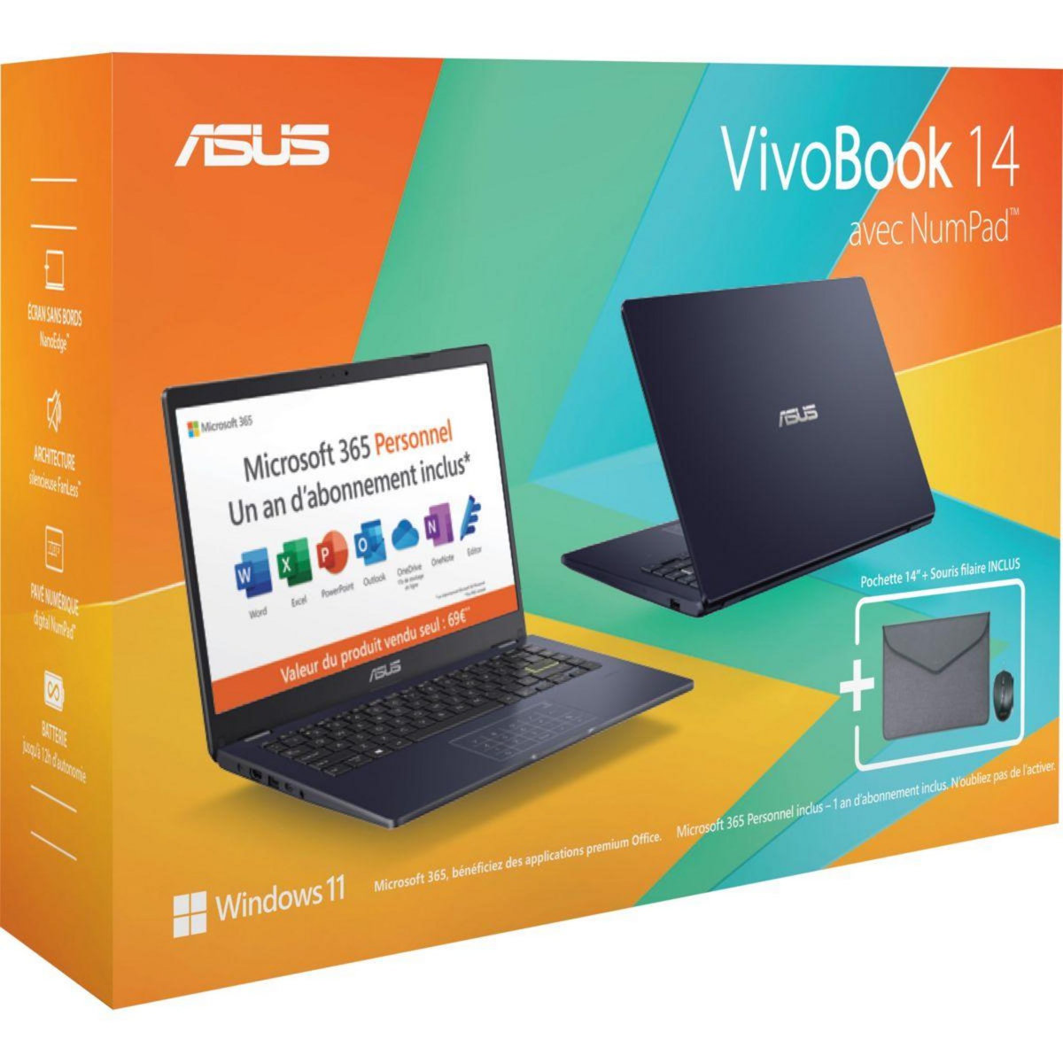 ASUS Ordinateur portable Vivobook Pack E410MA housse + souris