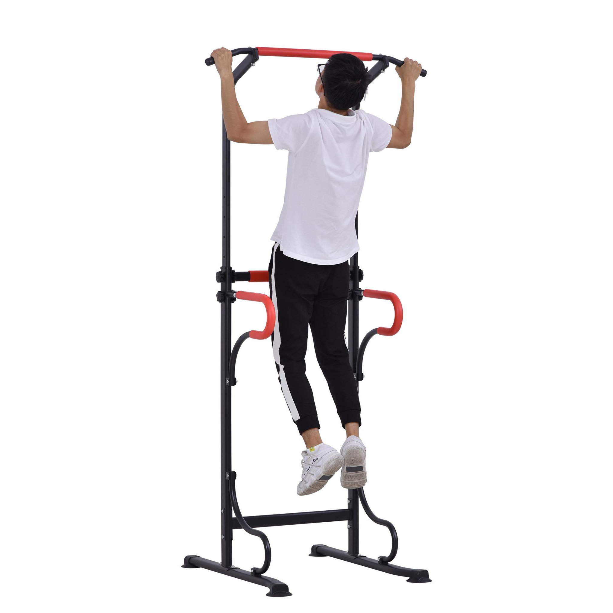 Voir la diapositive 2 : HOMCOM Station de musculation multifonctions barre de traction chaise romaine hauteur réglable acier noir rouge