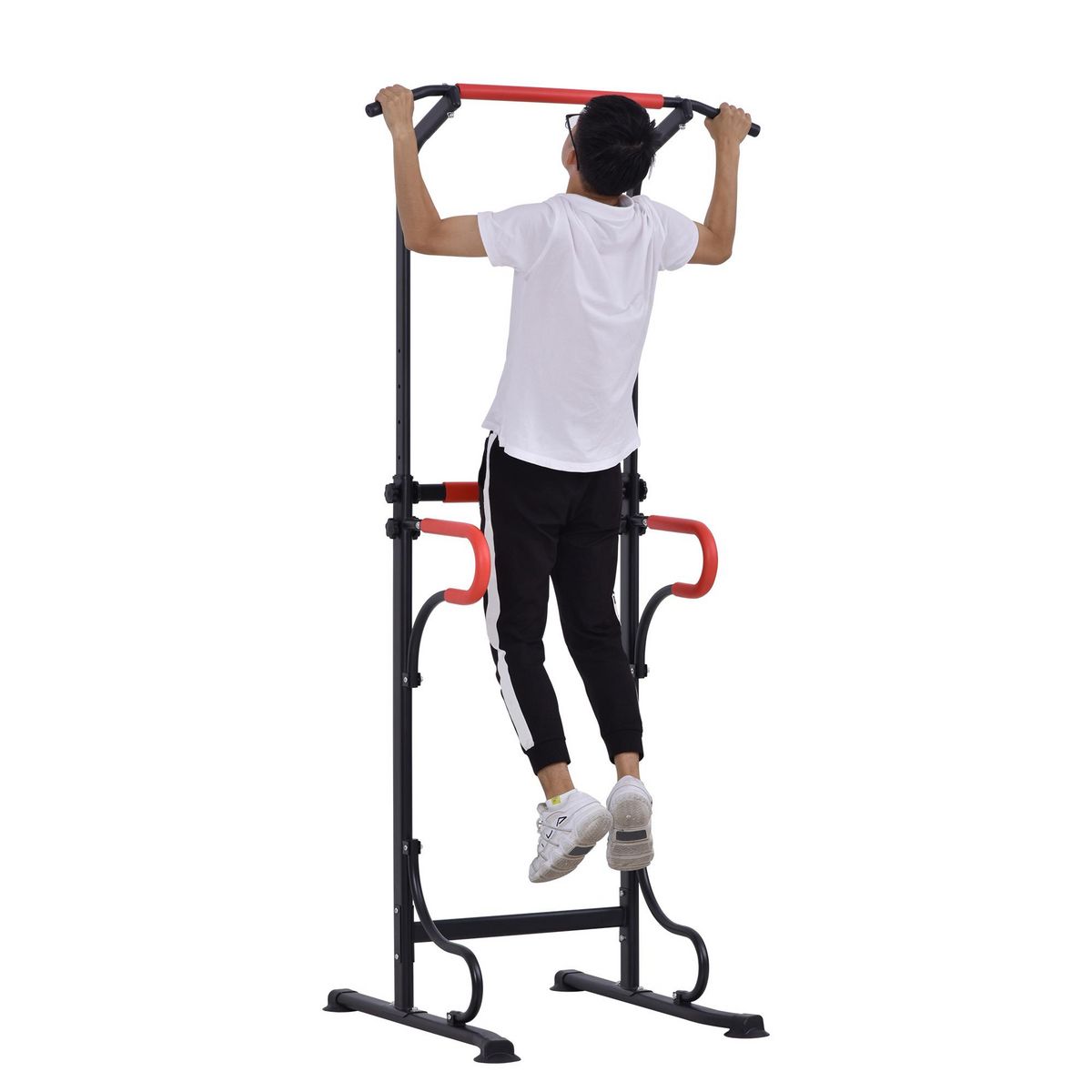 HOMCOM Station de musculation multifonctions barre de traction chaise romaine hauteur réglable acier noir rouge