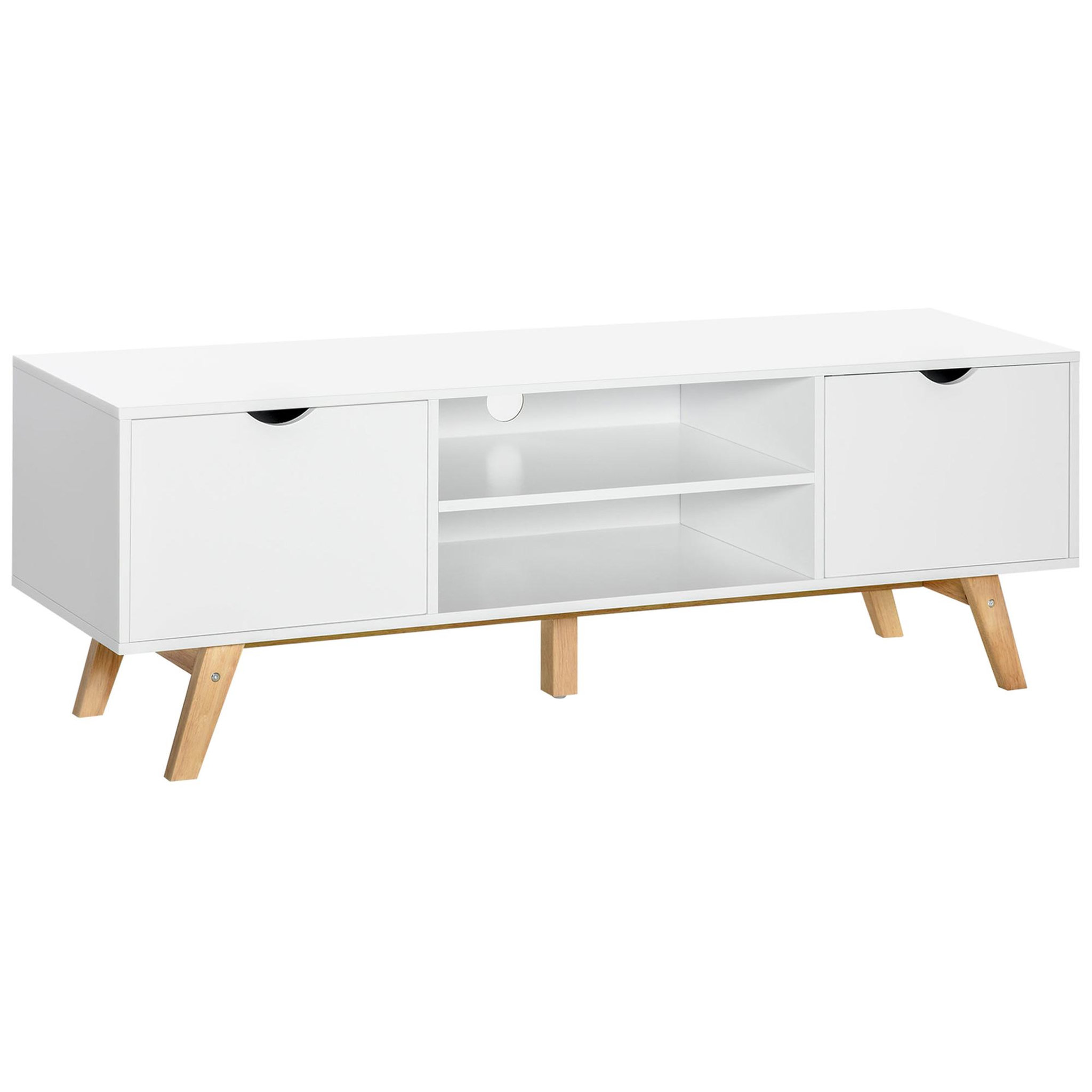 HOMCOM Meuble TV bas sur pied style scandinave 2 portes 2 niches passe-fils panneaux particules MDF blanc bois massif hévéa
