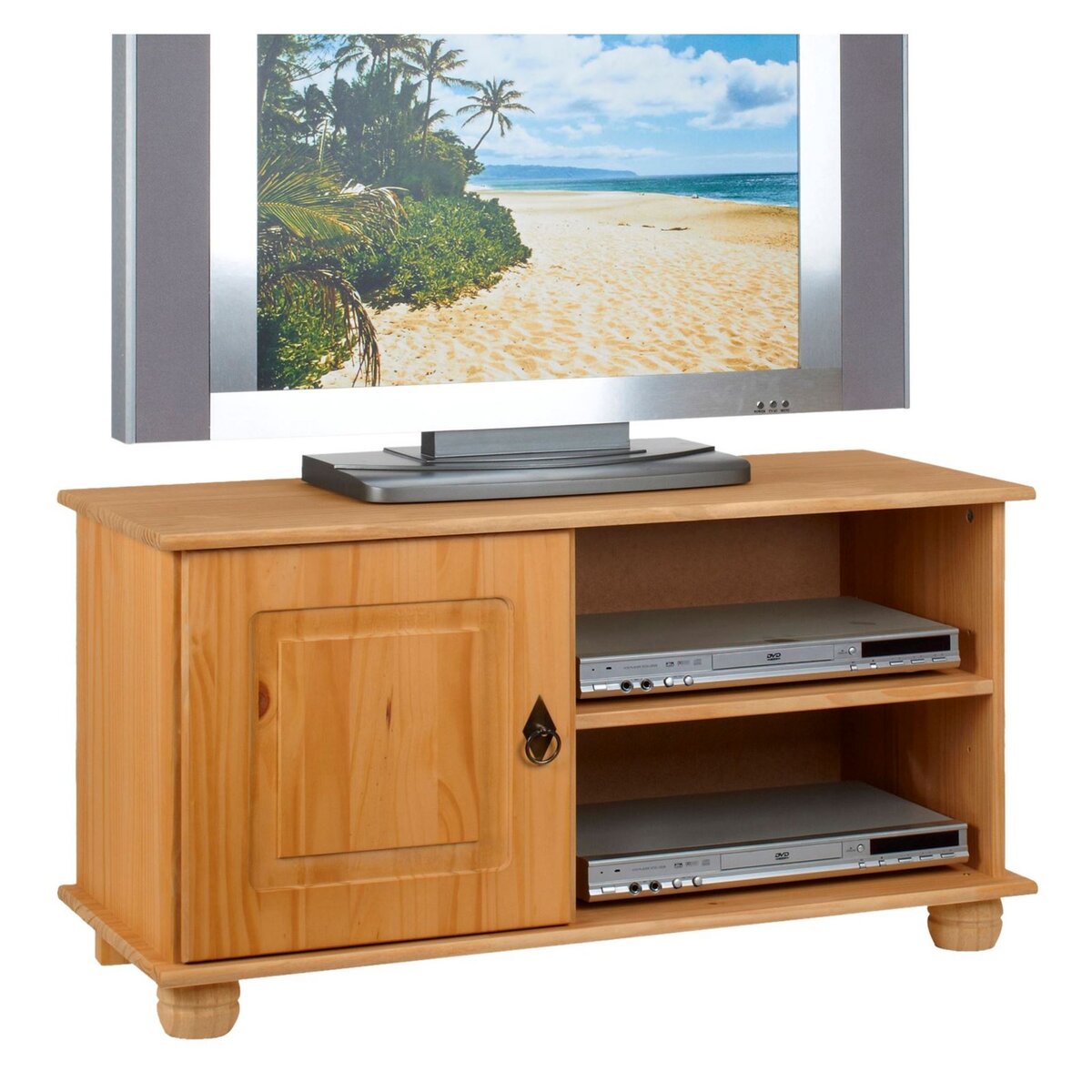 IDIMEX Meuble TV BELFORT banc télé de 94 cm en bois avec 1 porte et 2 niches, en pin massif finition cirée