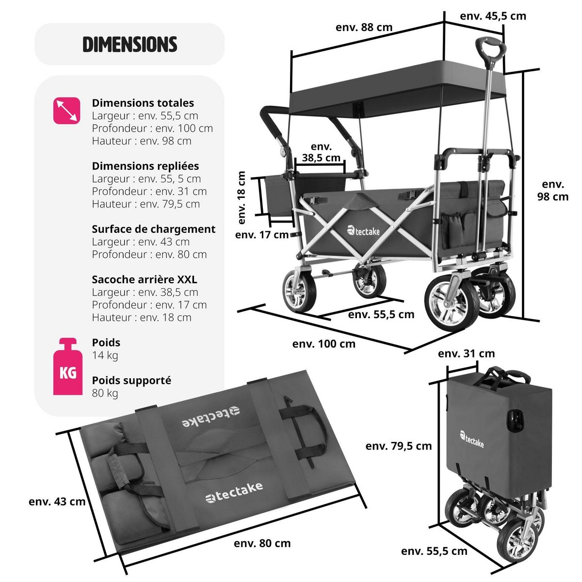 tectake Chariot de jardin et de transport pliable avec toit gris