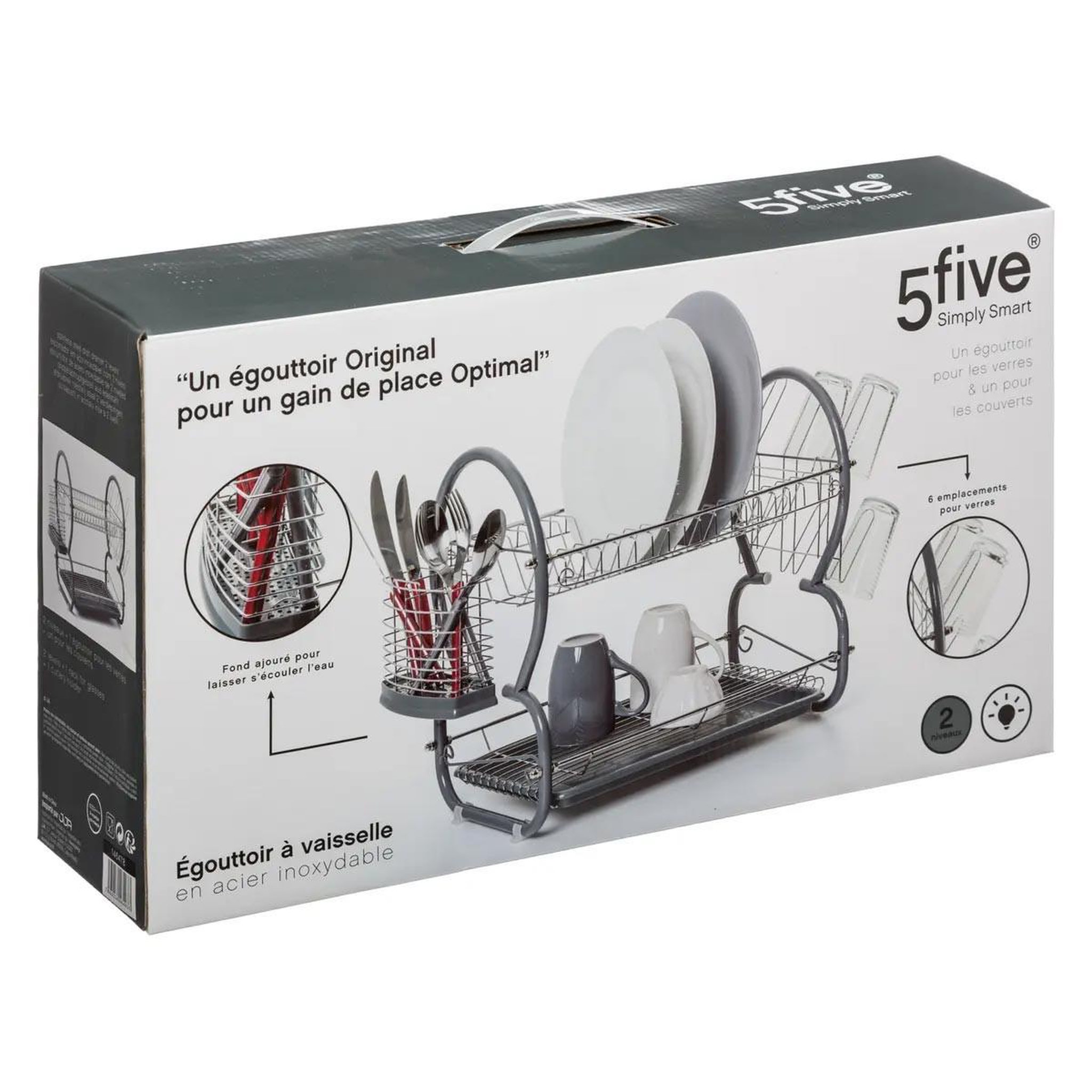 Voir la diapositive 5 : FIVE Egouttoir 2 niveaux en métal et polypropylène arrondi - Gris