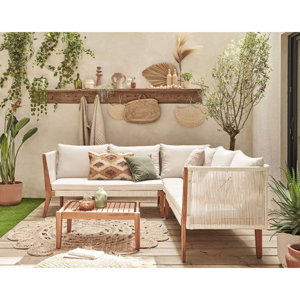 BEST MOBILIER Papua - salon bas de jardin 5 places - bois, corde et coussins beiges