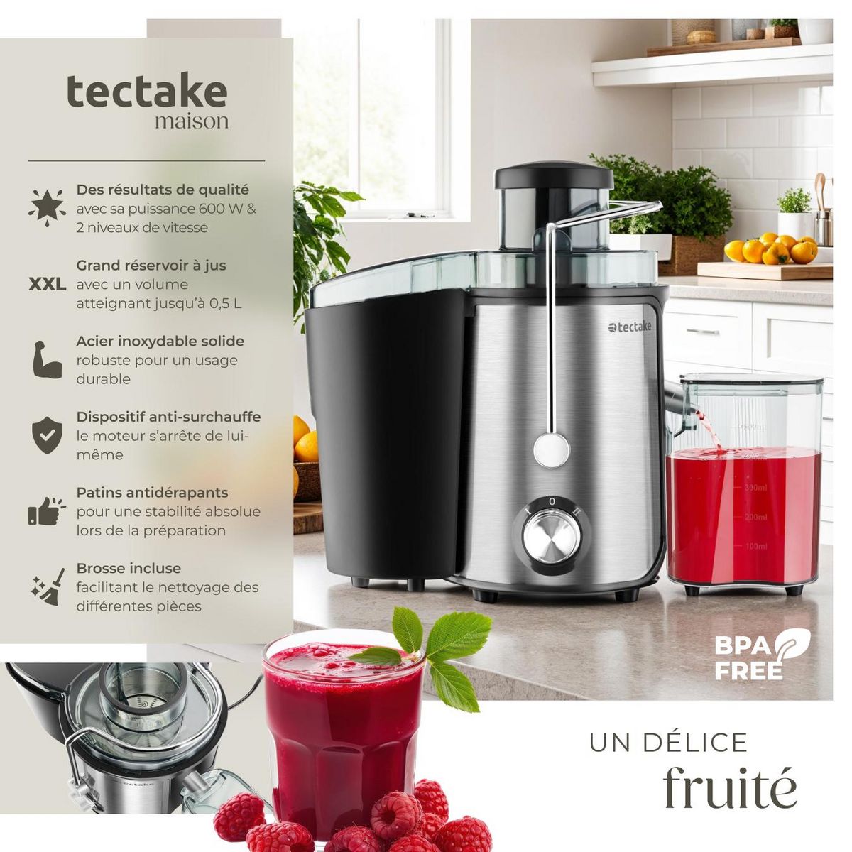 tectake Extracteur de jus capacité de 500ml, 600 W argent