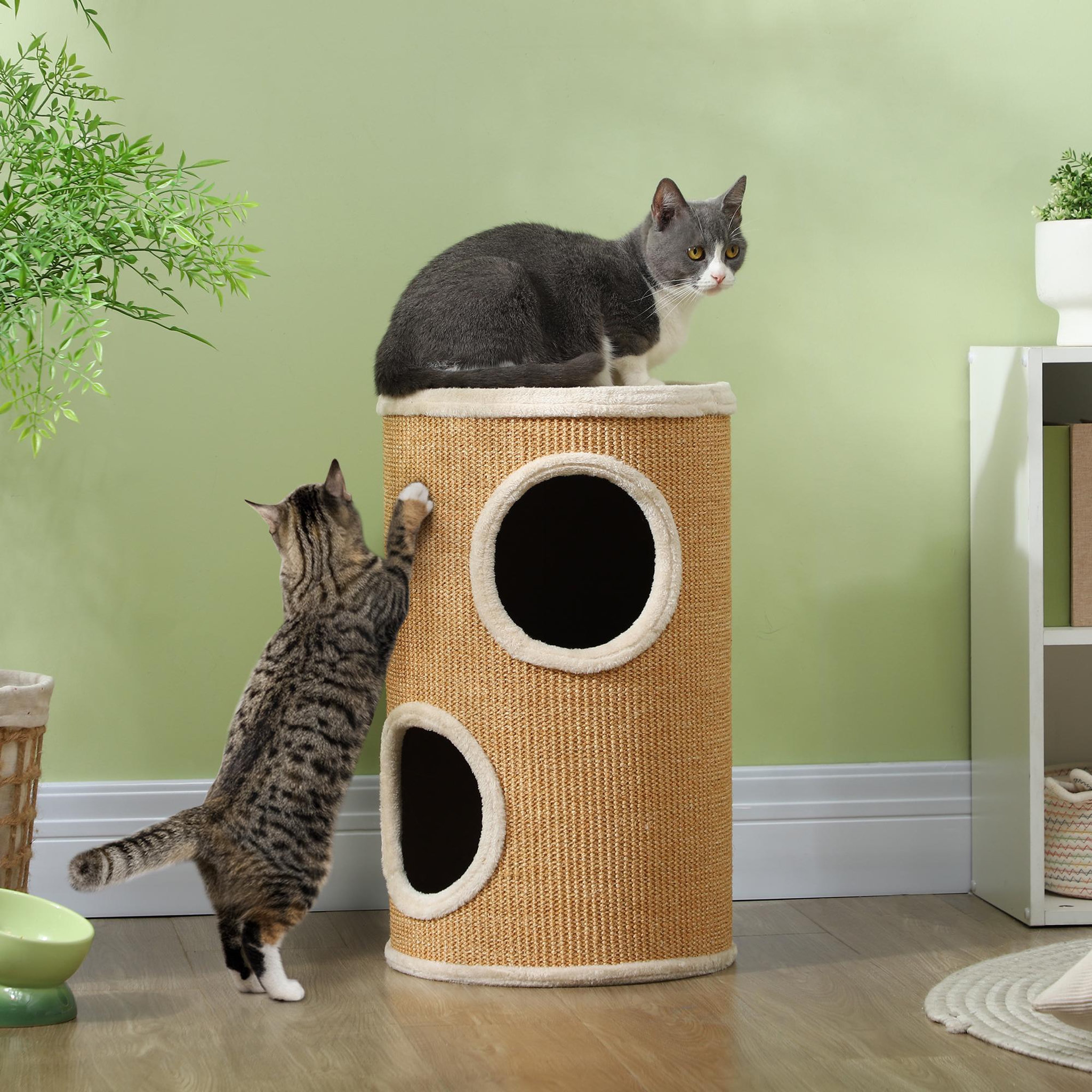 Voir la diapositive 2 : PAWHUT Arbre à chat cylindrique - tour à griffer pour chat - tonneau griffoir - 2 niches + plateforme - sisal peluche beige