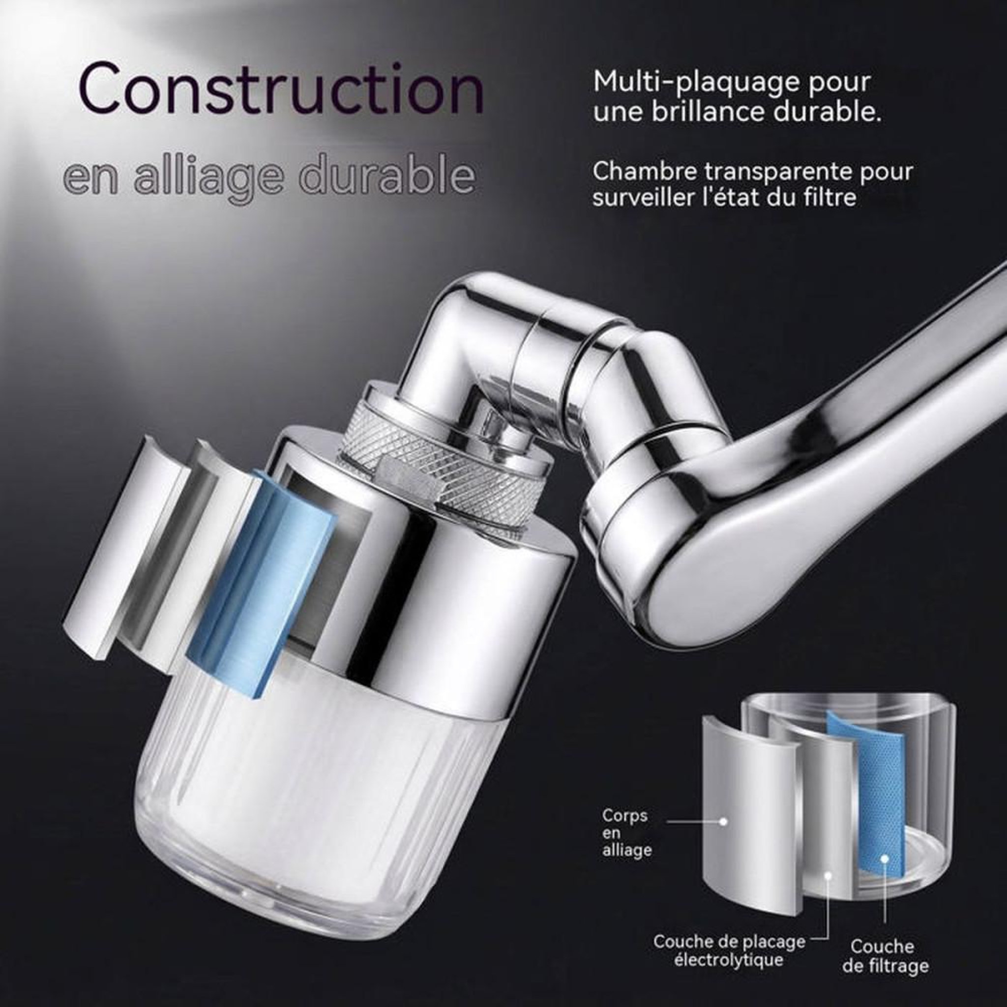 Voir la diapositive 6 : Prolongateur de bec de robinet de salle de bain avec filtre visible pivotant, métal chromé, rotation triaxiale jusqu'à 1440°, 2 modes de jet