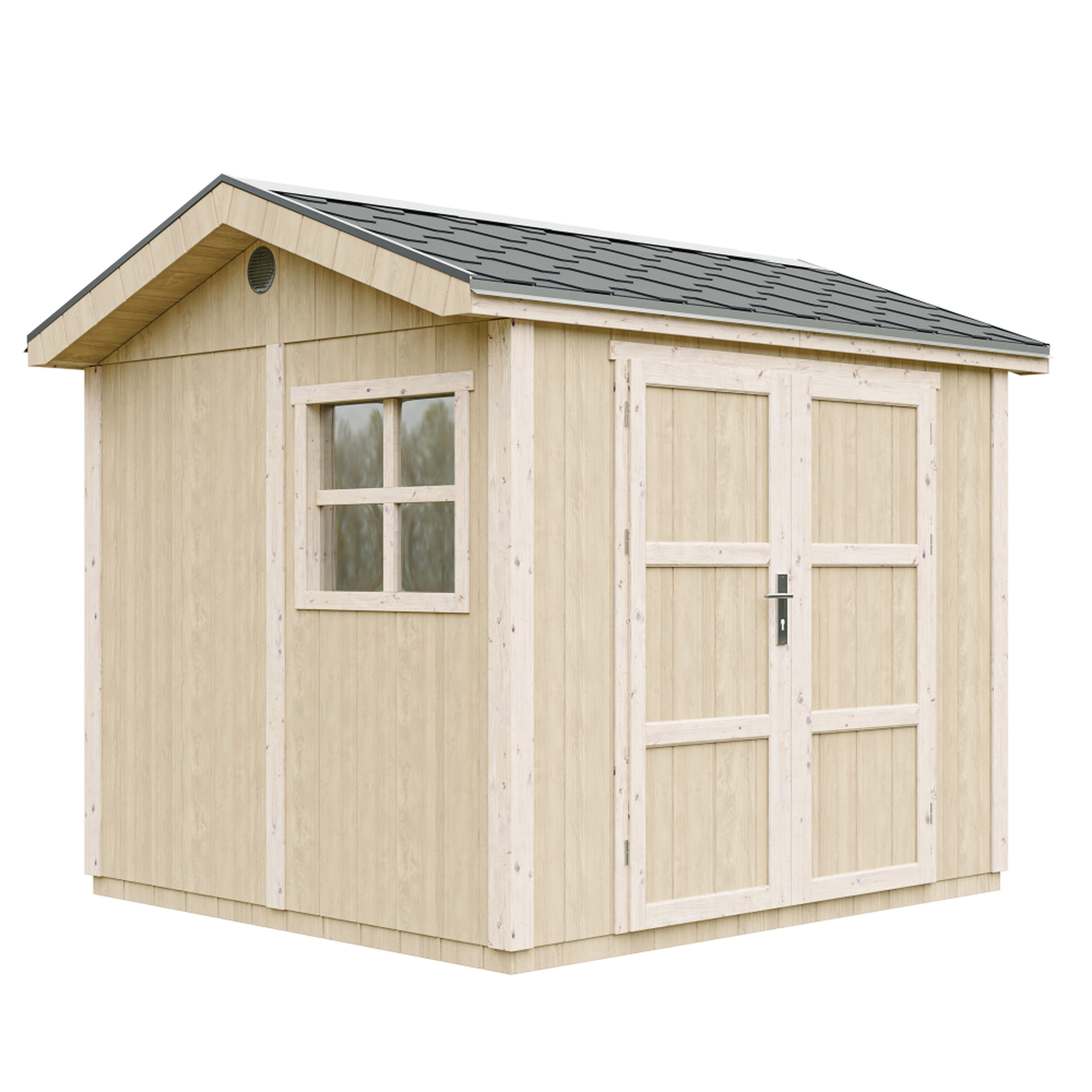 Voir la diapositive 1 : TIMBELA Abri de Jardin Qualité Premium 5,9m² H252x250x294 cm Avec un sol et des bardeaux bitumineux M913A