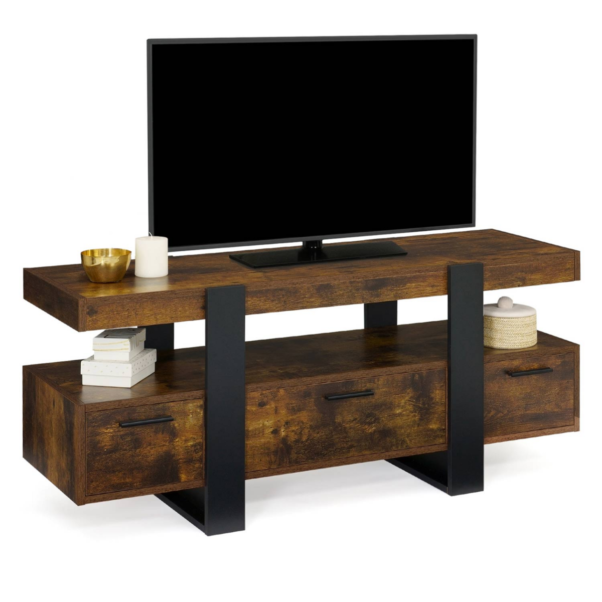 ID MARKET Meuble TV 116 cm PHOENIX avec tiroirs bois effet vieilli et noir