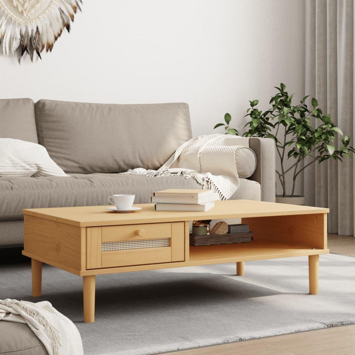 VIDAXL Table basse SENJA aspect rotin marron 100x55x33 cm bois massif