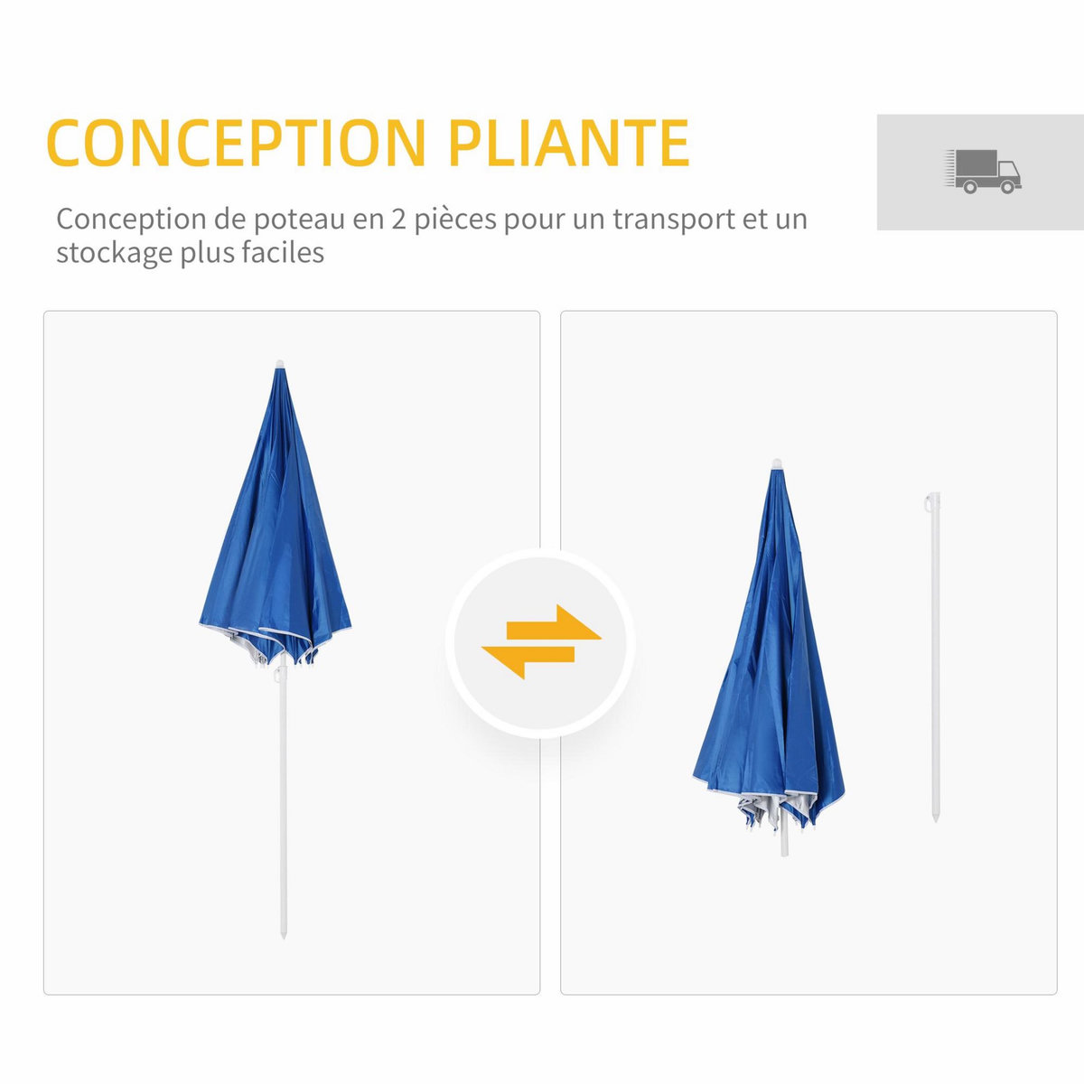 OUTSUNNY Parasol de plage Ø 2,2 x 2,2H cm protection UPF 50 + sac transport, sardines et lestage intégrés bleu