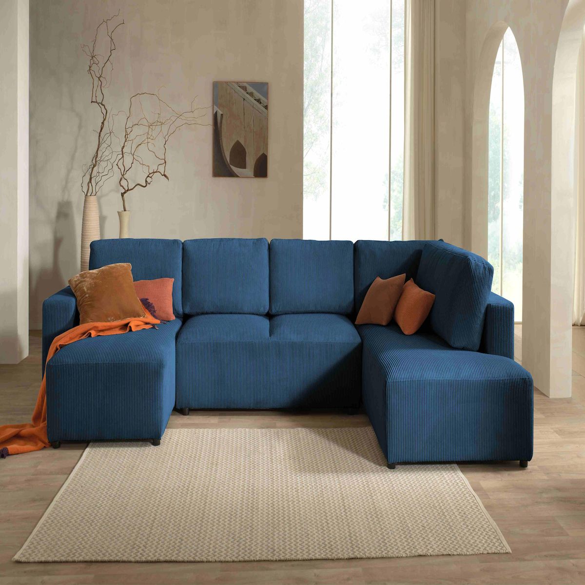 LISA DESIGN Livy - canapé panoramique convertible - avec coffre - en velours côtelé - 7 places - droit