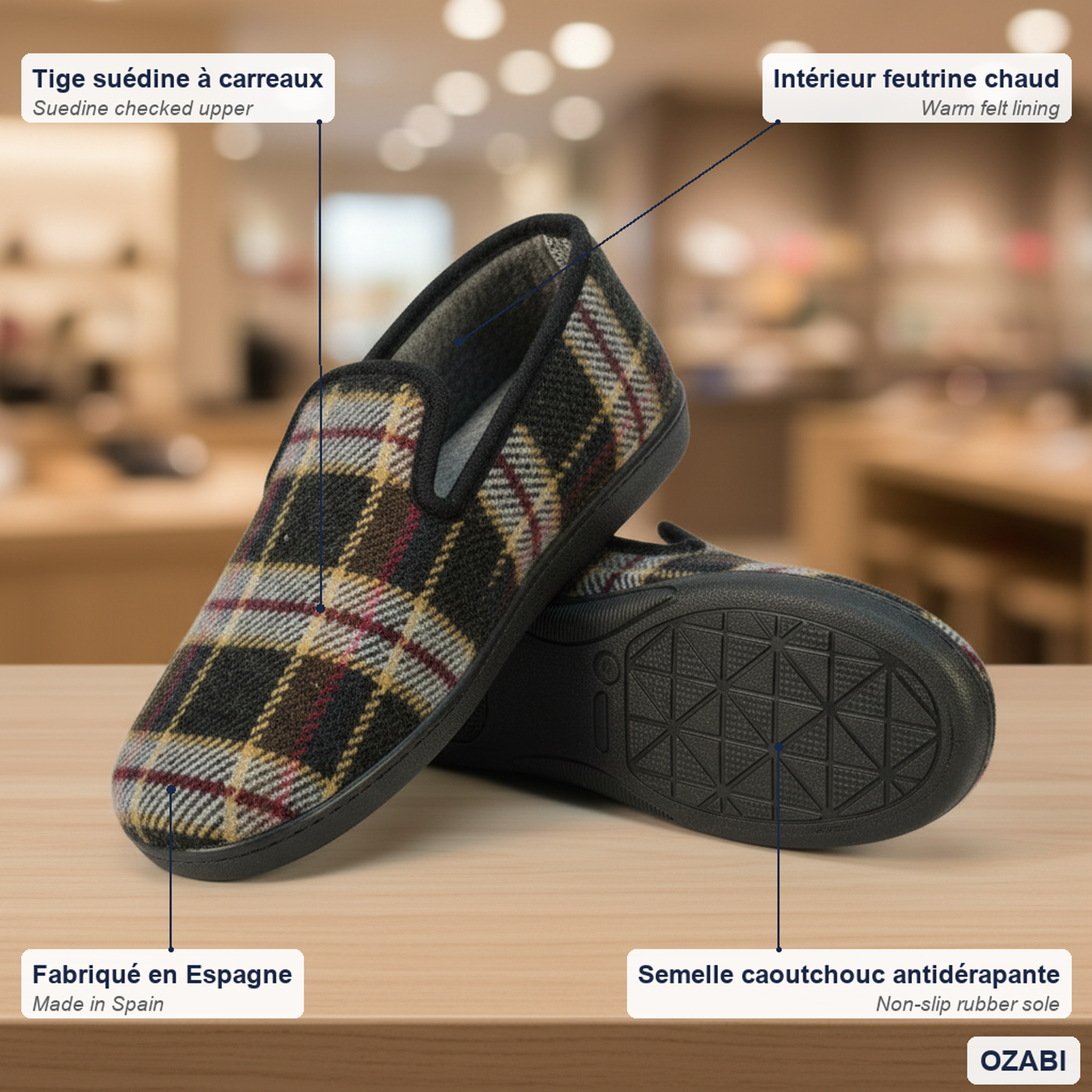 Voir la diapositive 5 : OZABI Ozabi pantoufles charentaises homme fabriquées en espagne carreaux écossais