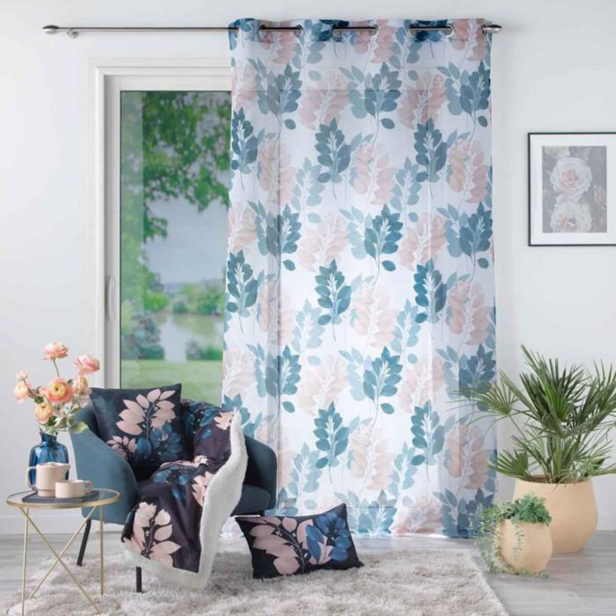 Paris Prix Rideau Voilage à Œillets  Belline  140x280cm Blanc & Bleu