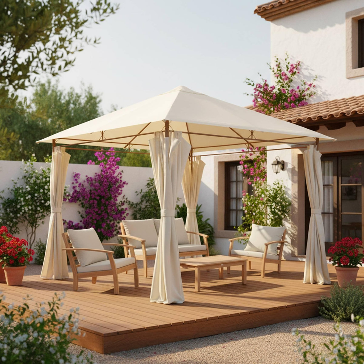 SWEEEK Tonnelle 3x3 m - Elusa - Pergola avec rideaux, tente de jardin, barnum