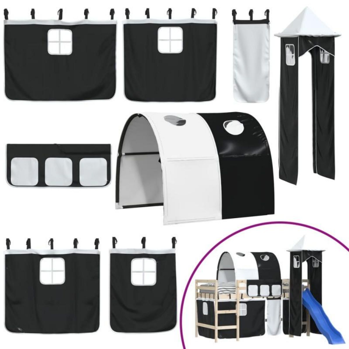 VIDAXL Rideaux pour lit mezzanine avec tunnel et tour blanc et noir
