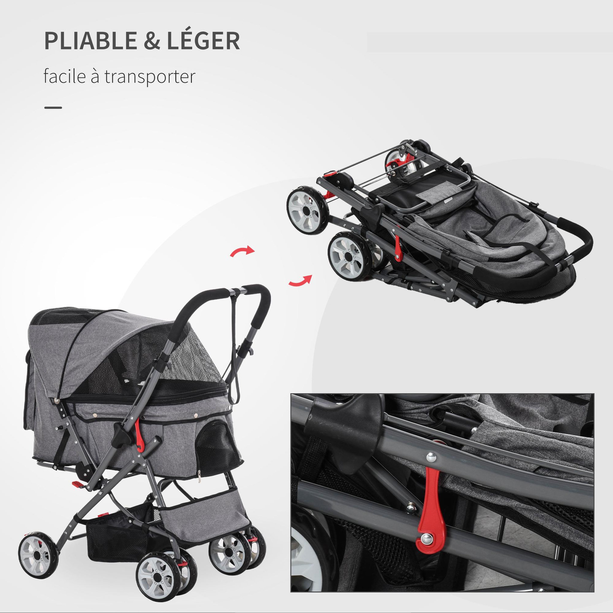 Voir la diapositive 4 : PAWHUT Poussette buggy pliable chien chat panier et sac de rangement attaches sécurité housse réglable poignée réversible acier oxford gris chiné noir