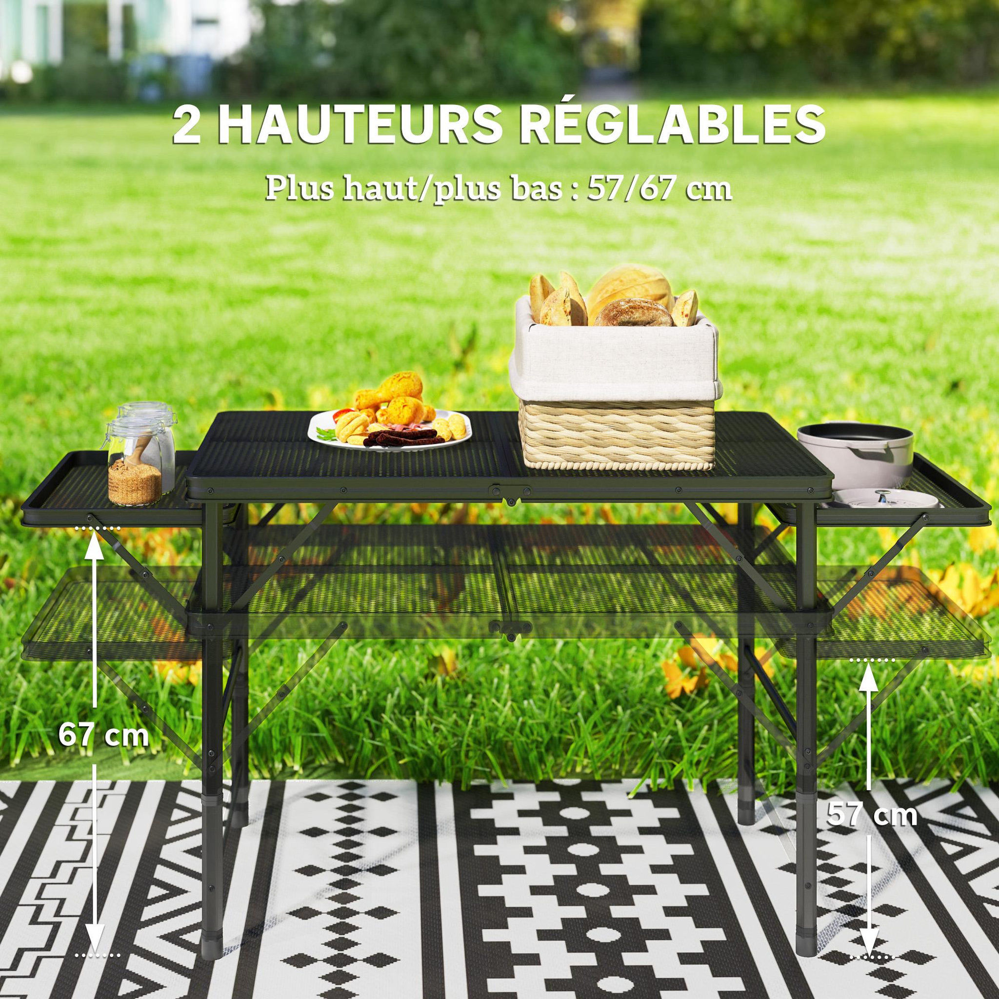 Voir la diapositive 5 : OUTSUNNY Table de camping pliante portable hauteur réglable 2 étagères piètement alu maille métal noir