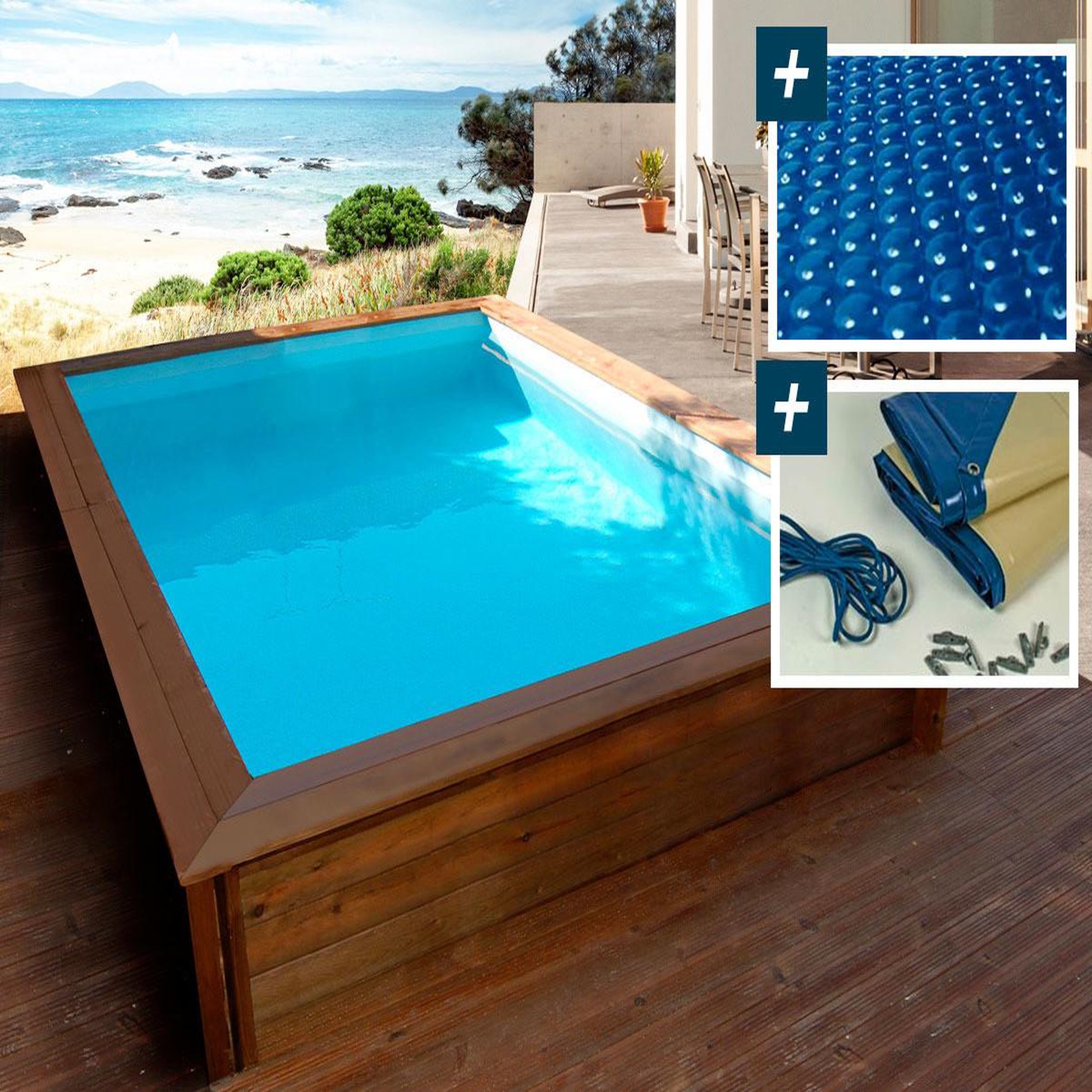 Habitat et Jardin Piscine bois rectangle   toledo  - 3.00 x 2.00 x 0.71 m - bâche à bulles  180 µ - bâche hiver  280 g/m²