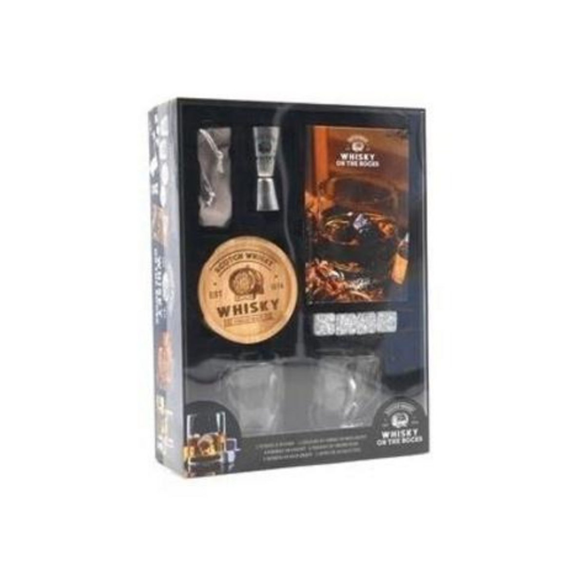 WHISKY ON THE ROCKS. COFFRET AVEC 2 VERRES A WHISKY, 2 DESSOUS DE VERRE EN BOIS GRAVE, 4 PIERRES EN GRANIT, 1 POCHON DE PROTECTION, 1 DOSEUR EN INOX GRAVE, 1 LIVRE DE RECETTES, I2C